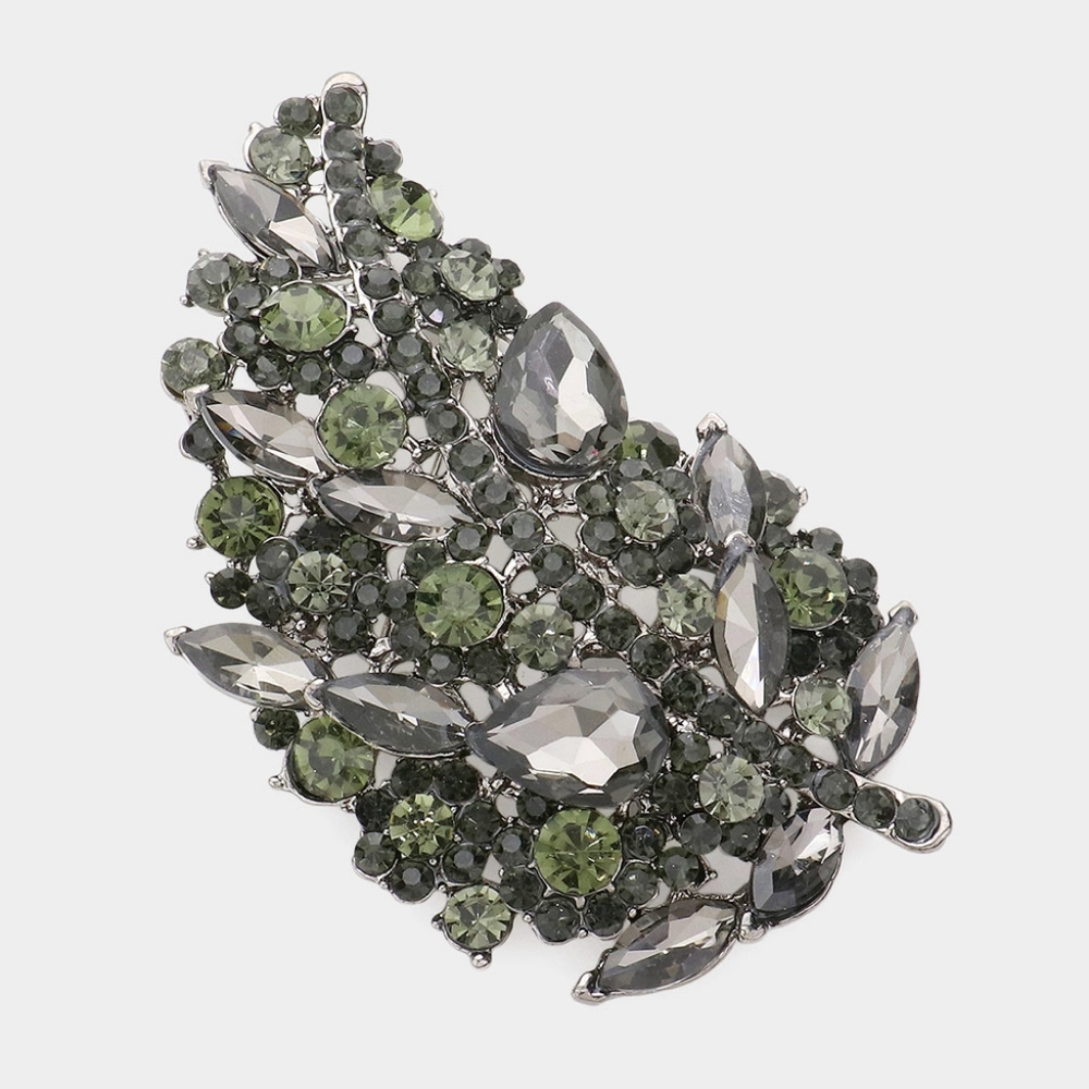 Black Diamond Brooch Glass Crystal Pin Floral Leaf Style Rhinestones Accessory